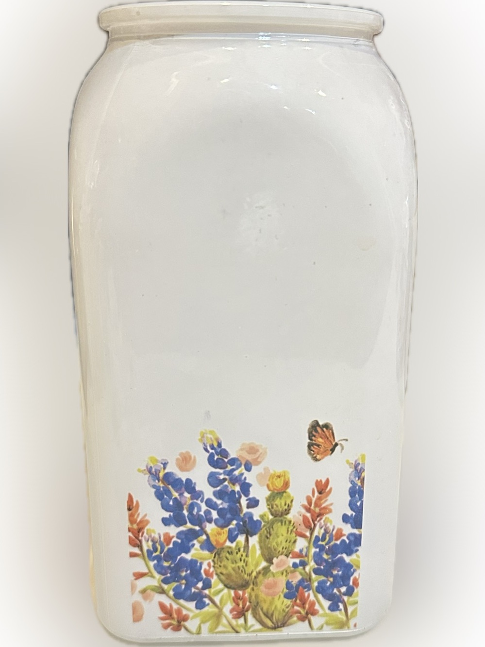 FARMHOUSE PAINTED GLASS VASE CONTAINER BLUEBONNET BOTTLE CERAMIC CROC VIB 7.5”